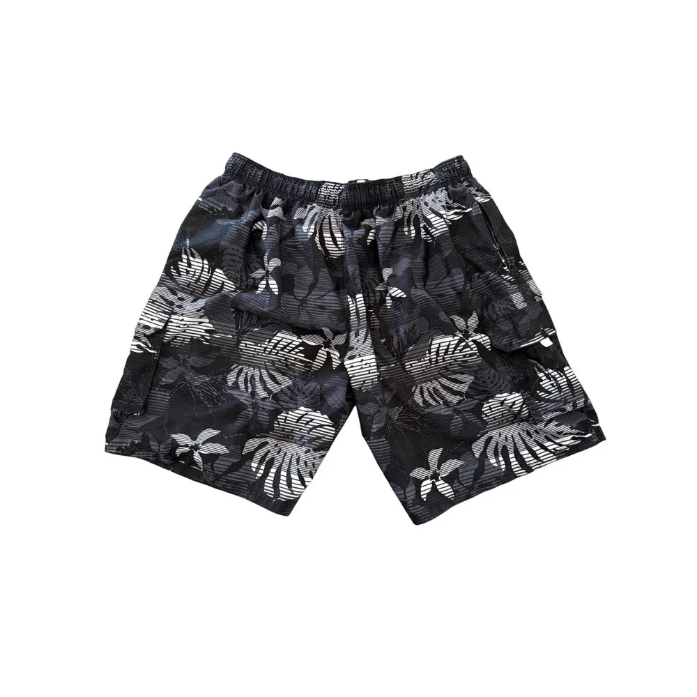 Kanu Surf Mens 3X Black White Tropical Floral Cargo Swim Trunks Board Shorts